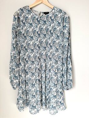 Halogen Flowy Pleated Blue & White Floral Long Sleeve Mini Dress Wedding Guest